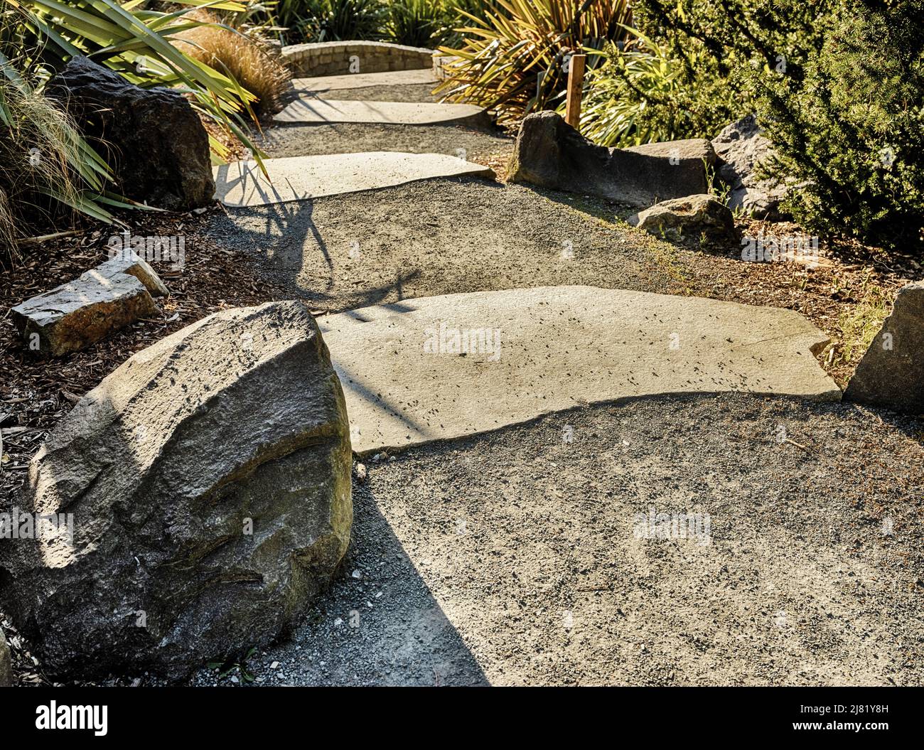 Large stepping stones line a path in the gardens of the Seattle Arboretum. Stock Photo