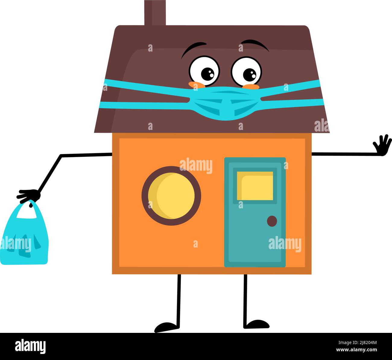 Cute house character with face in medical mask and keep distance, hands with shopping bag and stop gesture. Building man with care expression, funny cottage. Vector flat illustration Stock Vector