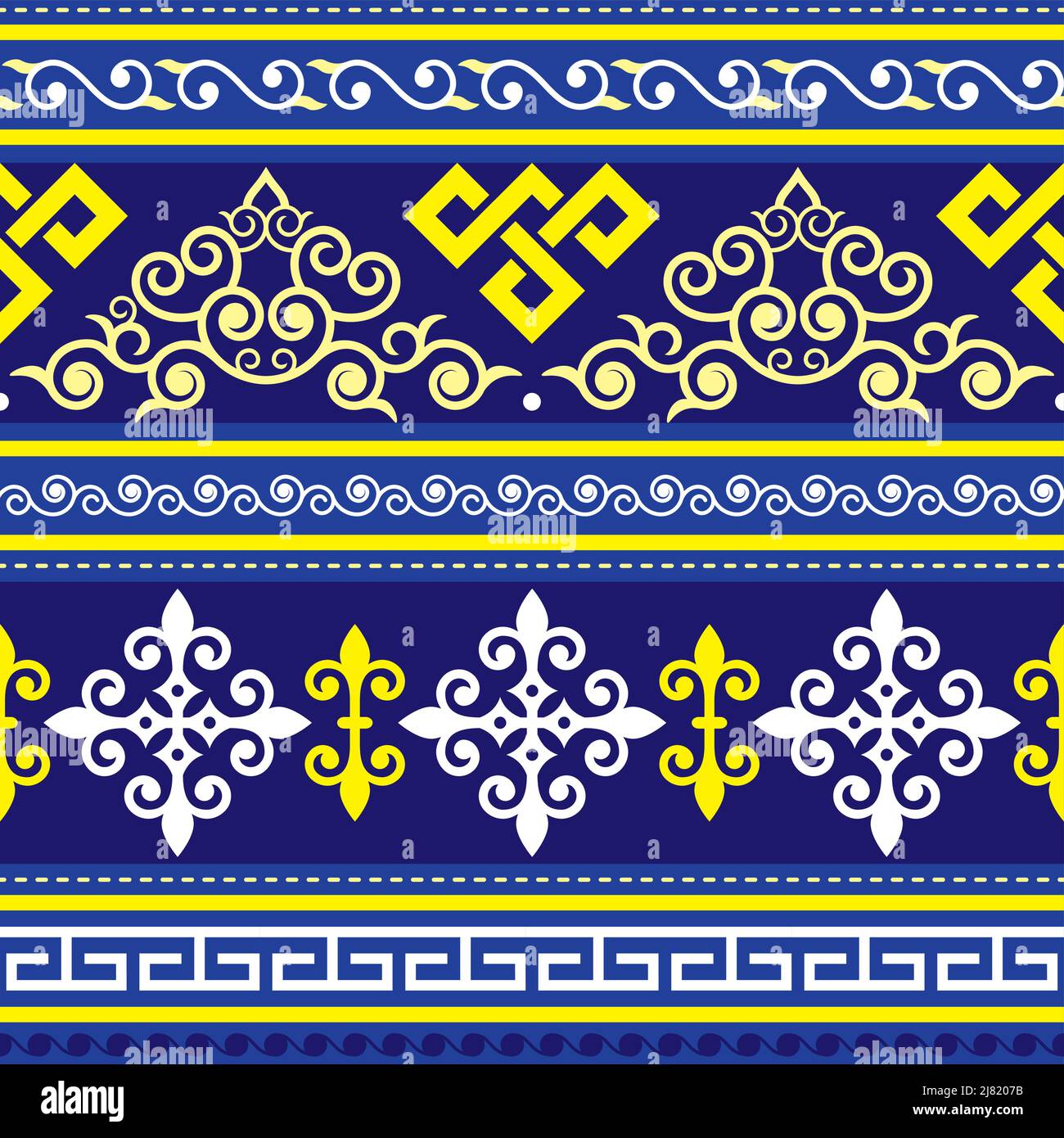 Seamless oriental vector pattern inspired by folk art from Monogolia and Central Asia, traditional textile or fabric print design in yellow and navy b Stock Vector