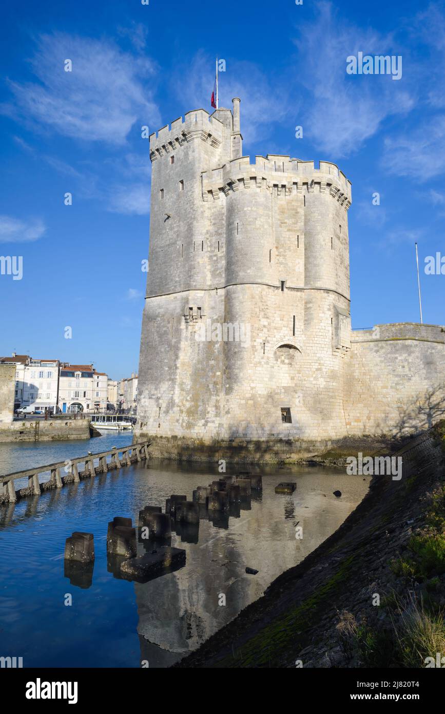 Saint Nicholas Tower at harbour entrance to Old Port of La Rochelle, France on Atlantic coast of Charente Maritime Stock Photo