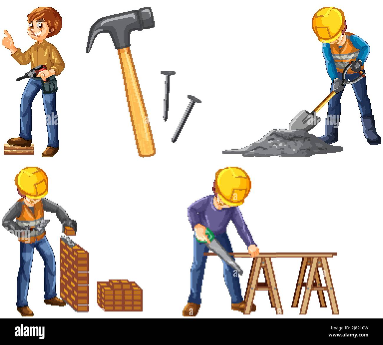 Set of construction site objects and workers illustration Stock Vector