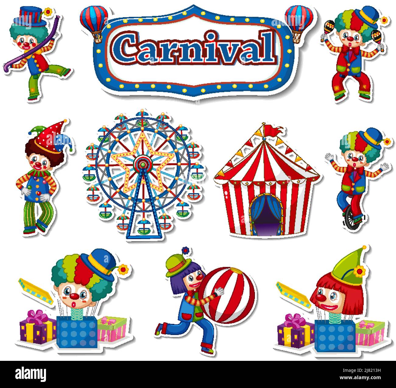 Sticker set of amusement park objects and cartoon characters ...