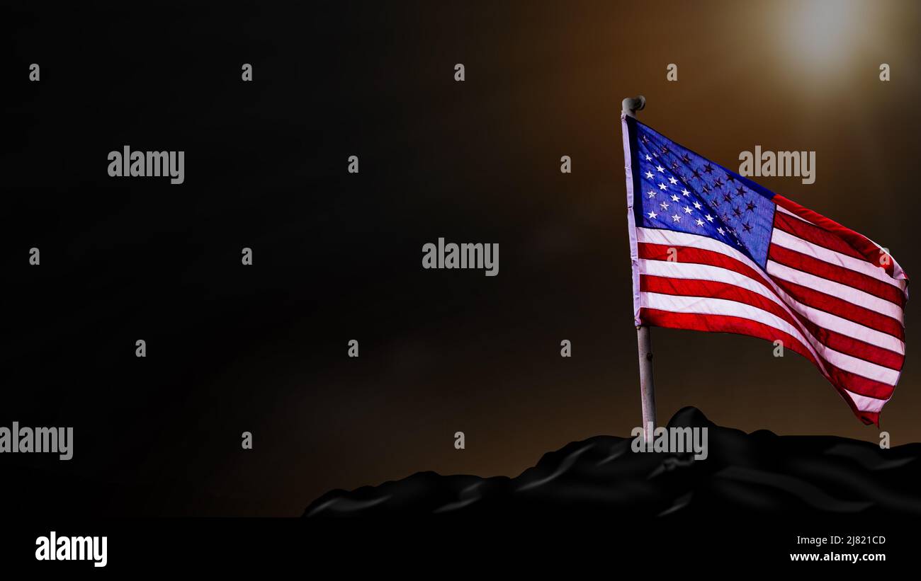 Wide angle photo of a tattered American flag blowing in the wind ...