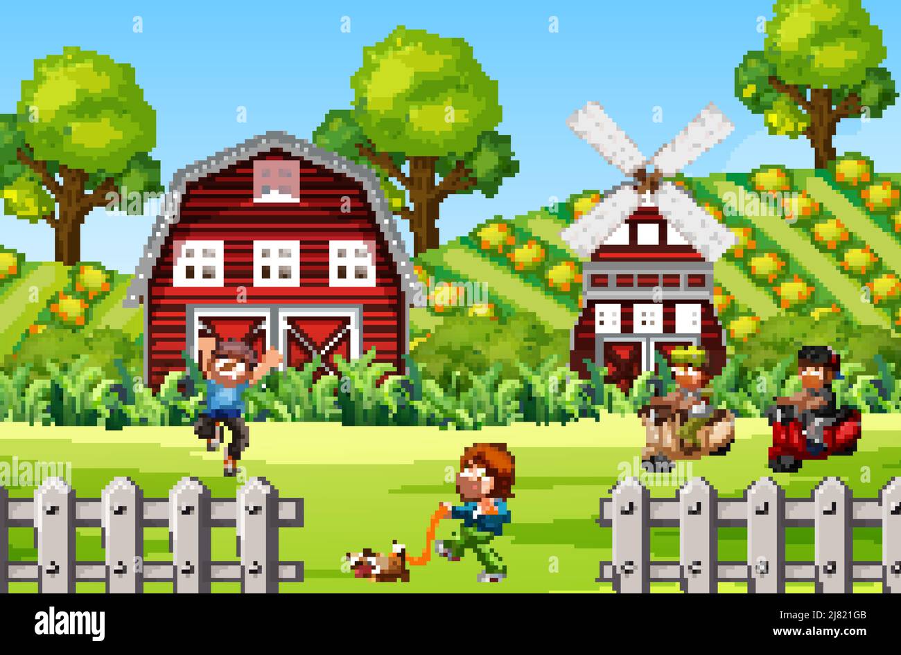 Happy kids in farm landscape illustration Stock Vector Image & Art - Alamy