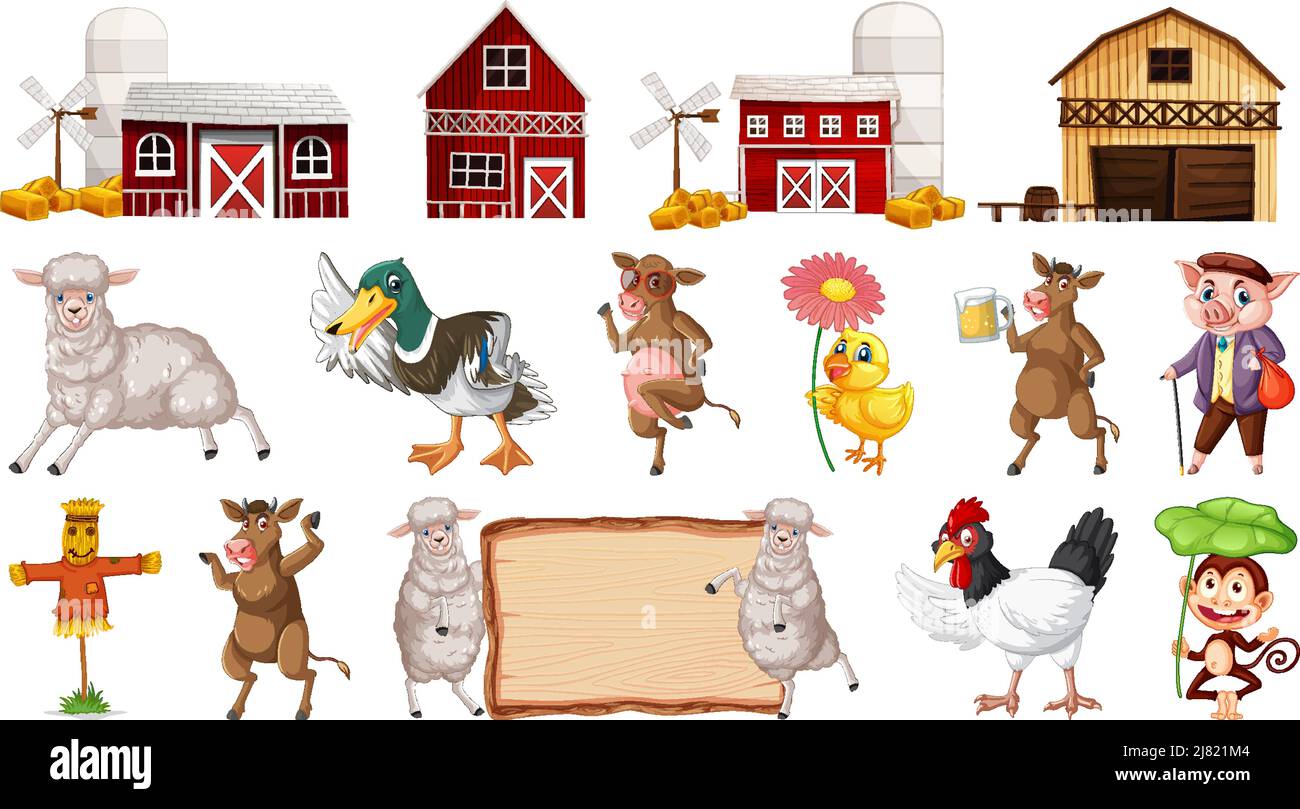 Barn buildings and many farm animals illustration Stock Vector Image