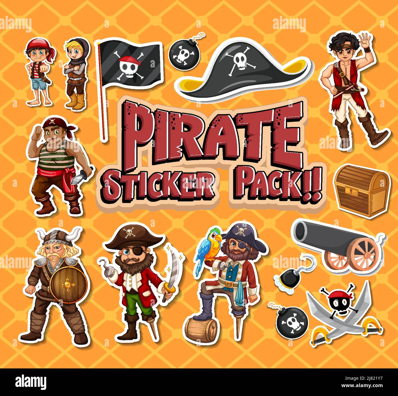 Sticker pack of pirate cartoon characters and objects illustration ...