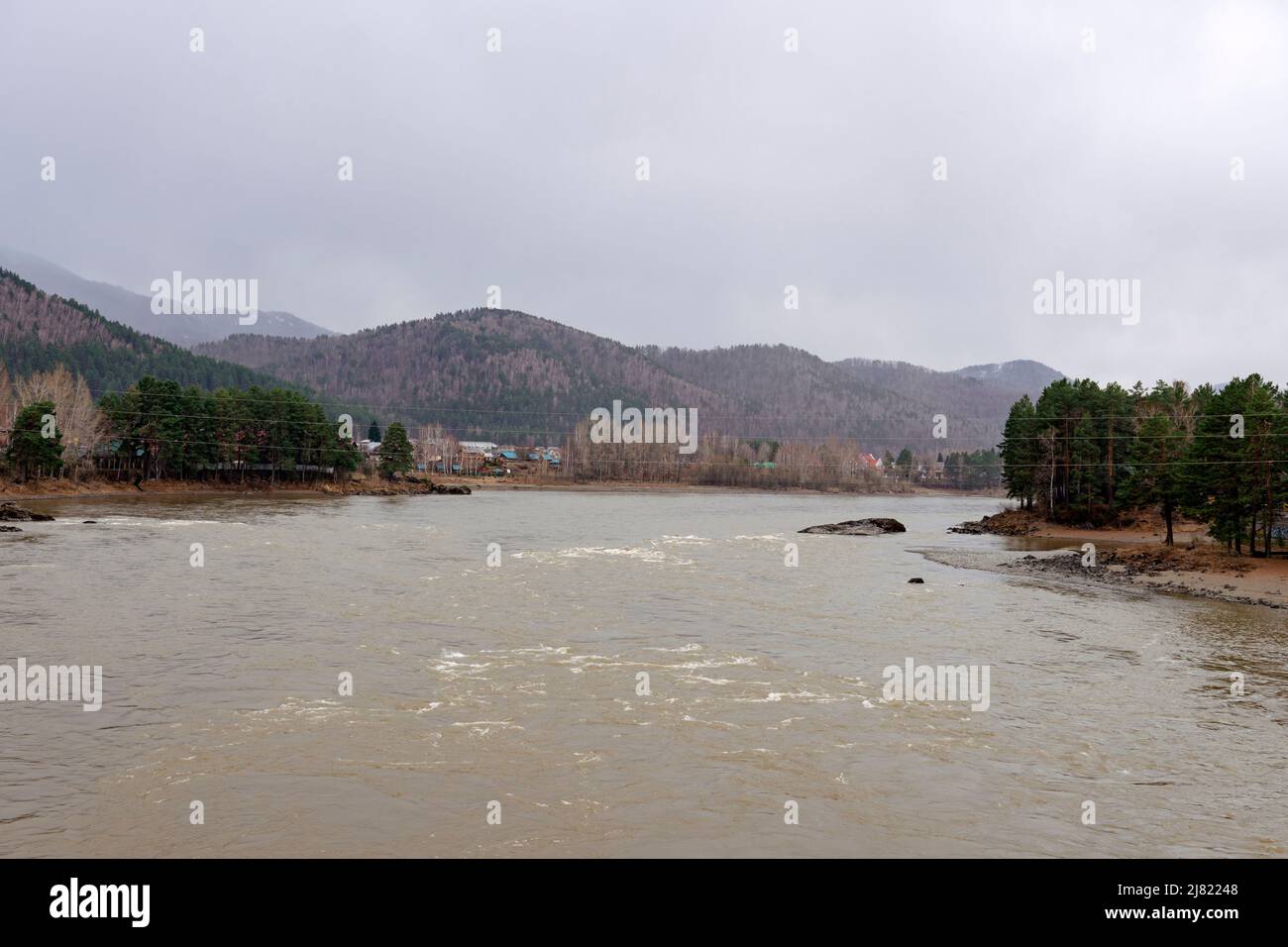 Early morning on the Katun river, Altai. river at dawn against the backdrop of the mountains, stones on the banks of the river, high mountains, soft s Stock Photo