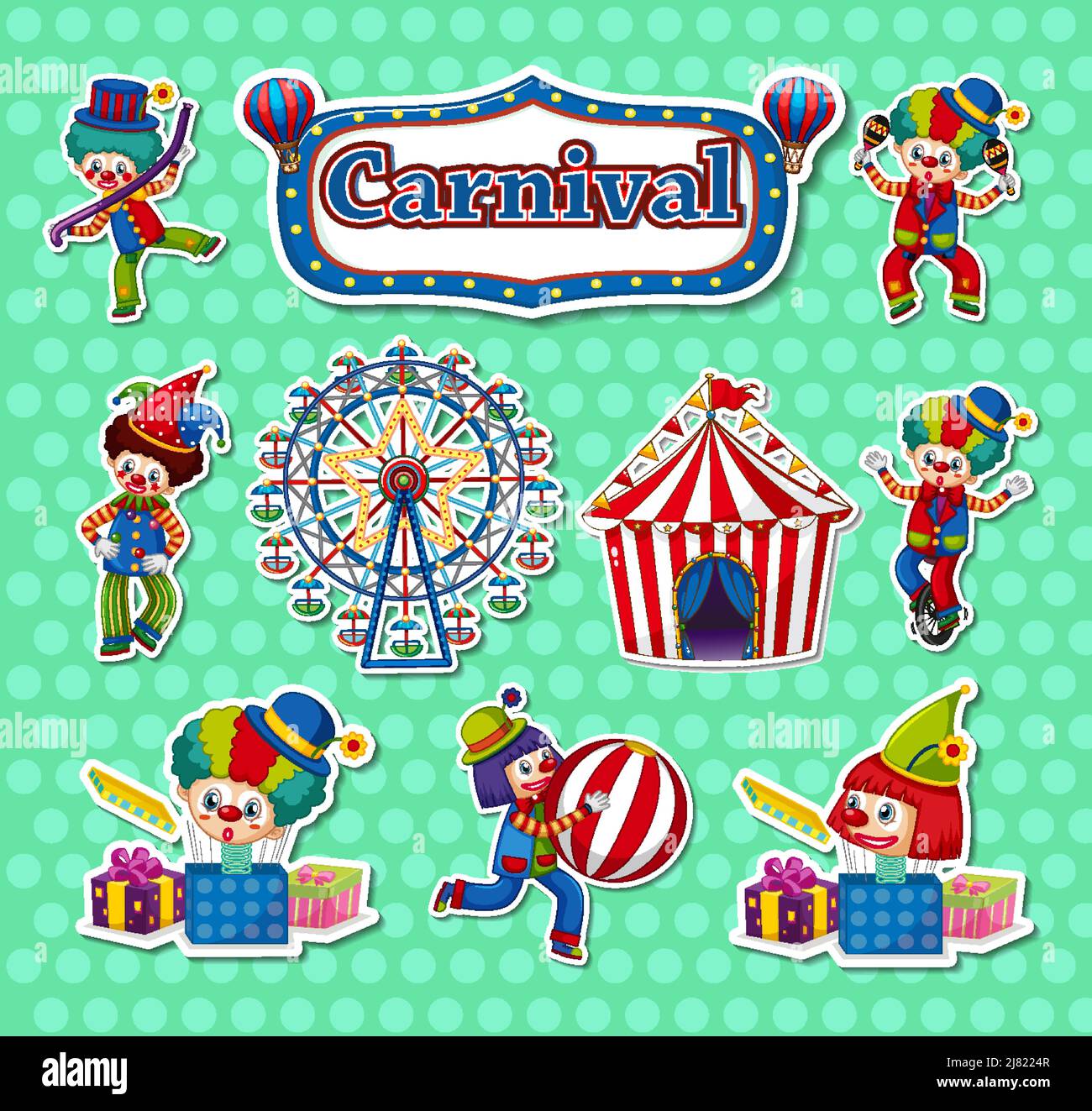 Sticker set of amusement park objects and cartoon characters ...