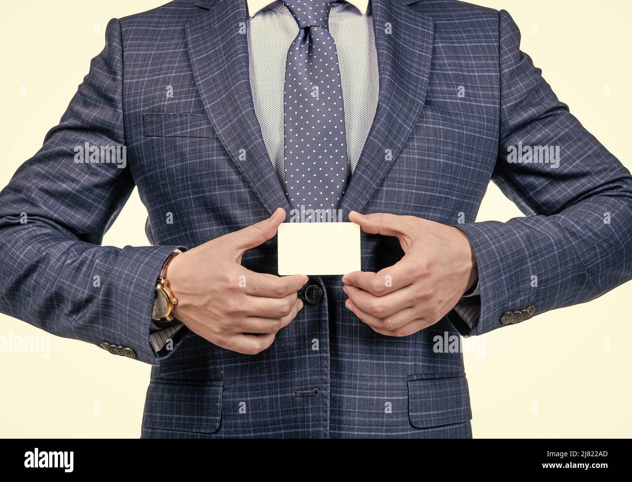 Smart business card etiquette. Empty card in male hands. Professional etiquette. Formal introduction Stock Photo