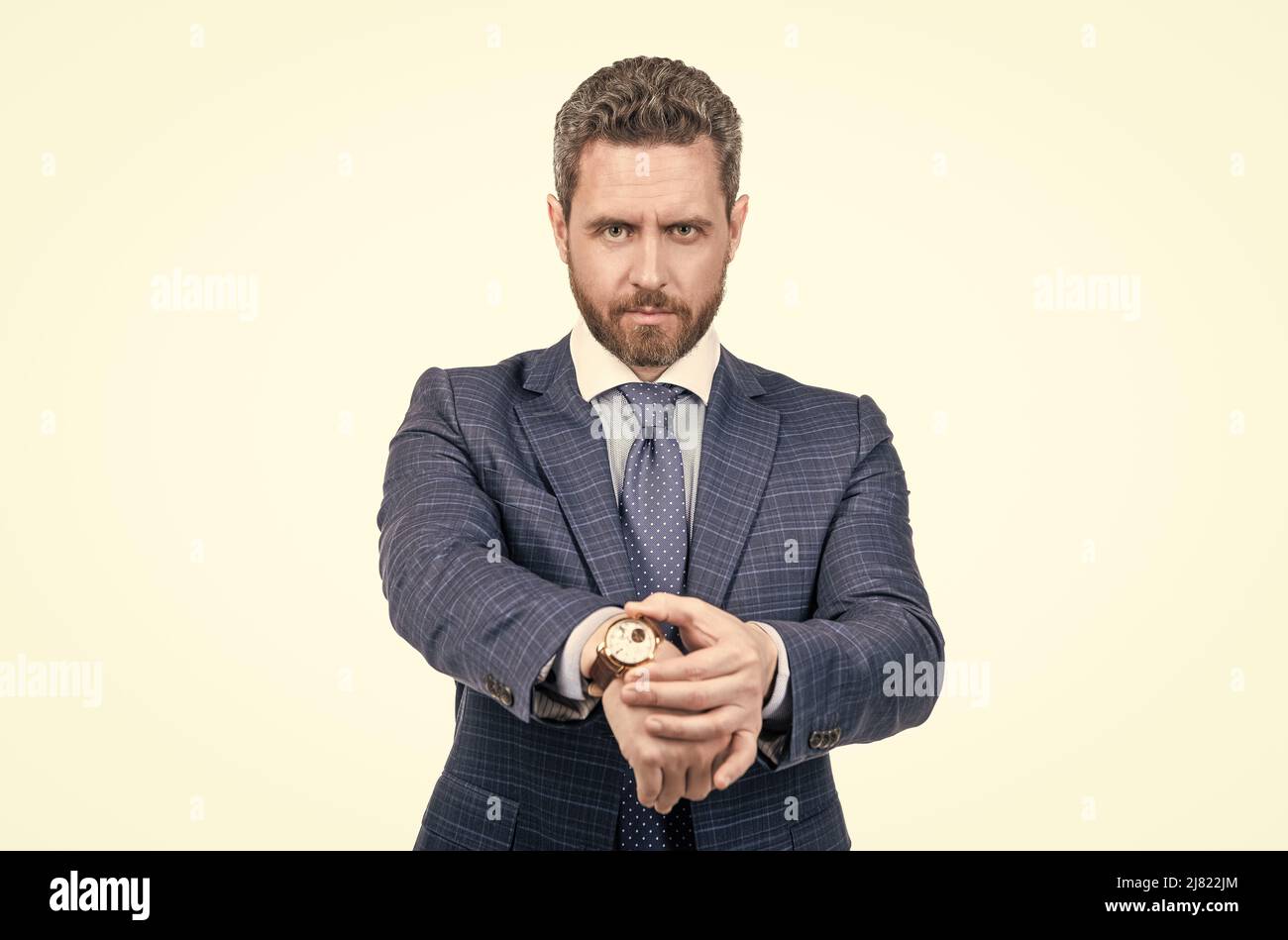 Bearded businessman in business suit show wrist watch face isolated on white, deadline Stock Photo