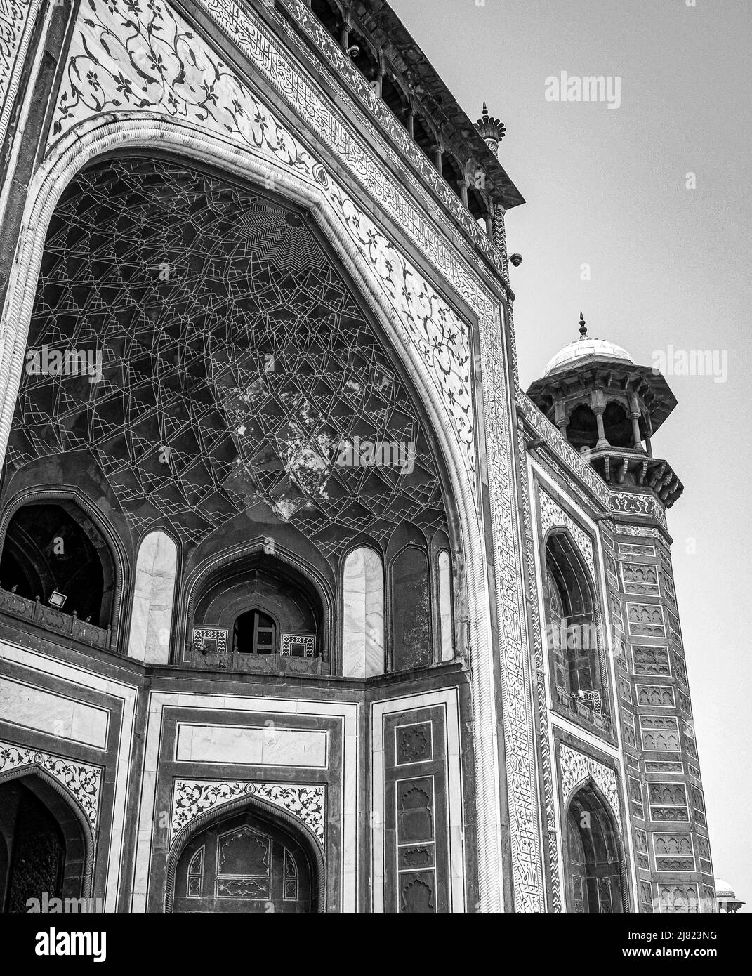 Architecture at The Taj Mahal is an ivory-white marble mausoleum on the south bank of the Yamuna river in the Indian city of Agra, Uttar Pradesh, Taj Stock Photo