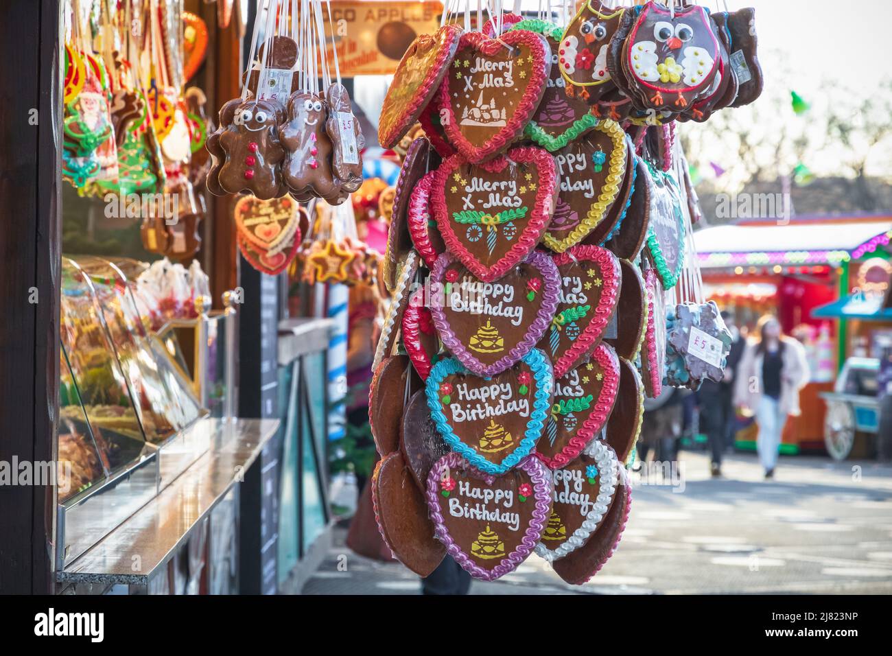 London, UK - November 28, 2021 - Gingerbread biscuit on display at a confectionery stall of Christmas market Hyde Park Winter Wonderland Stock Photo