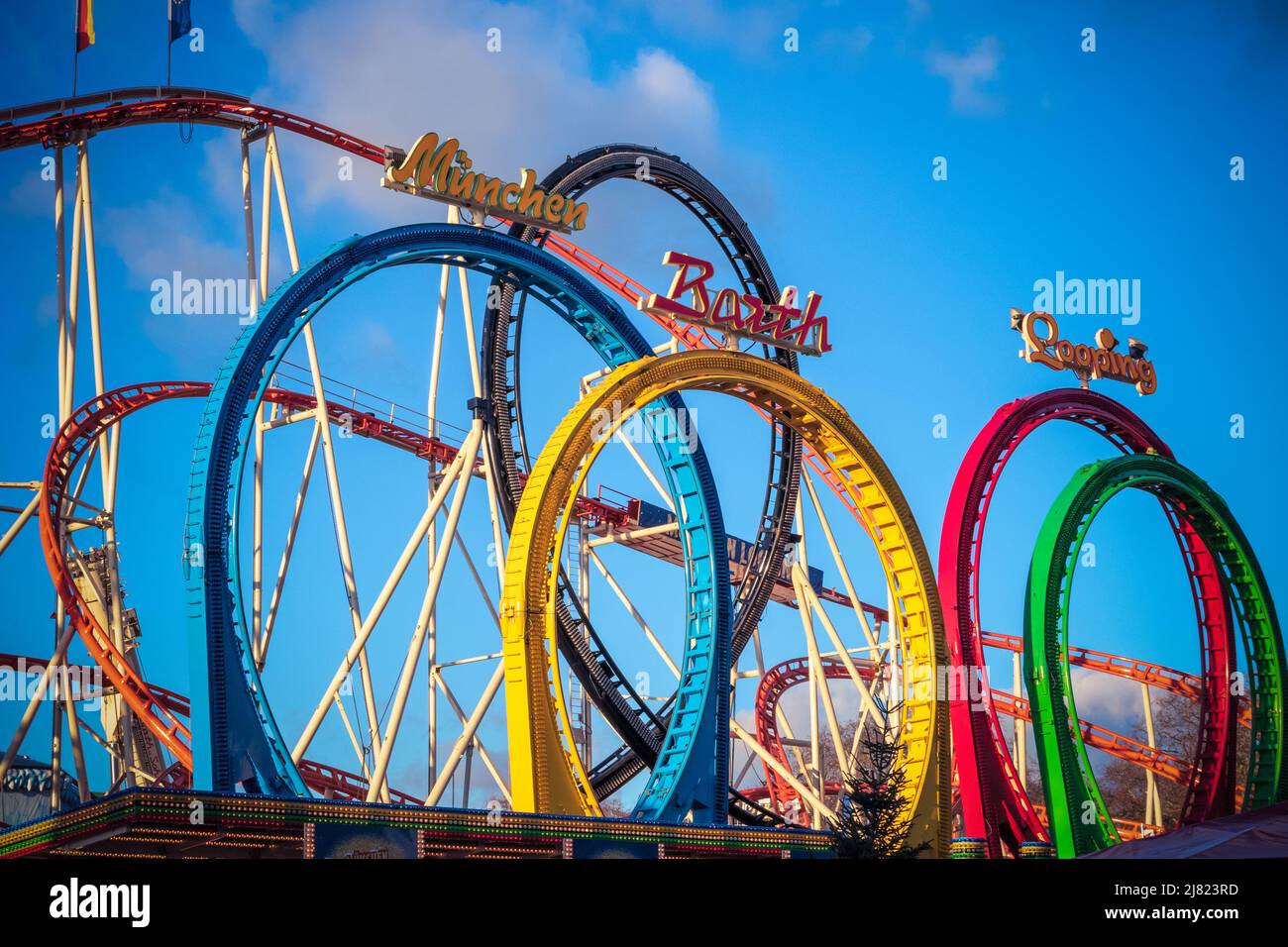 Munich Looping, an amusement ride at Christmas funfair Hyde Park Winter Wonderland in London Stock Photo