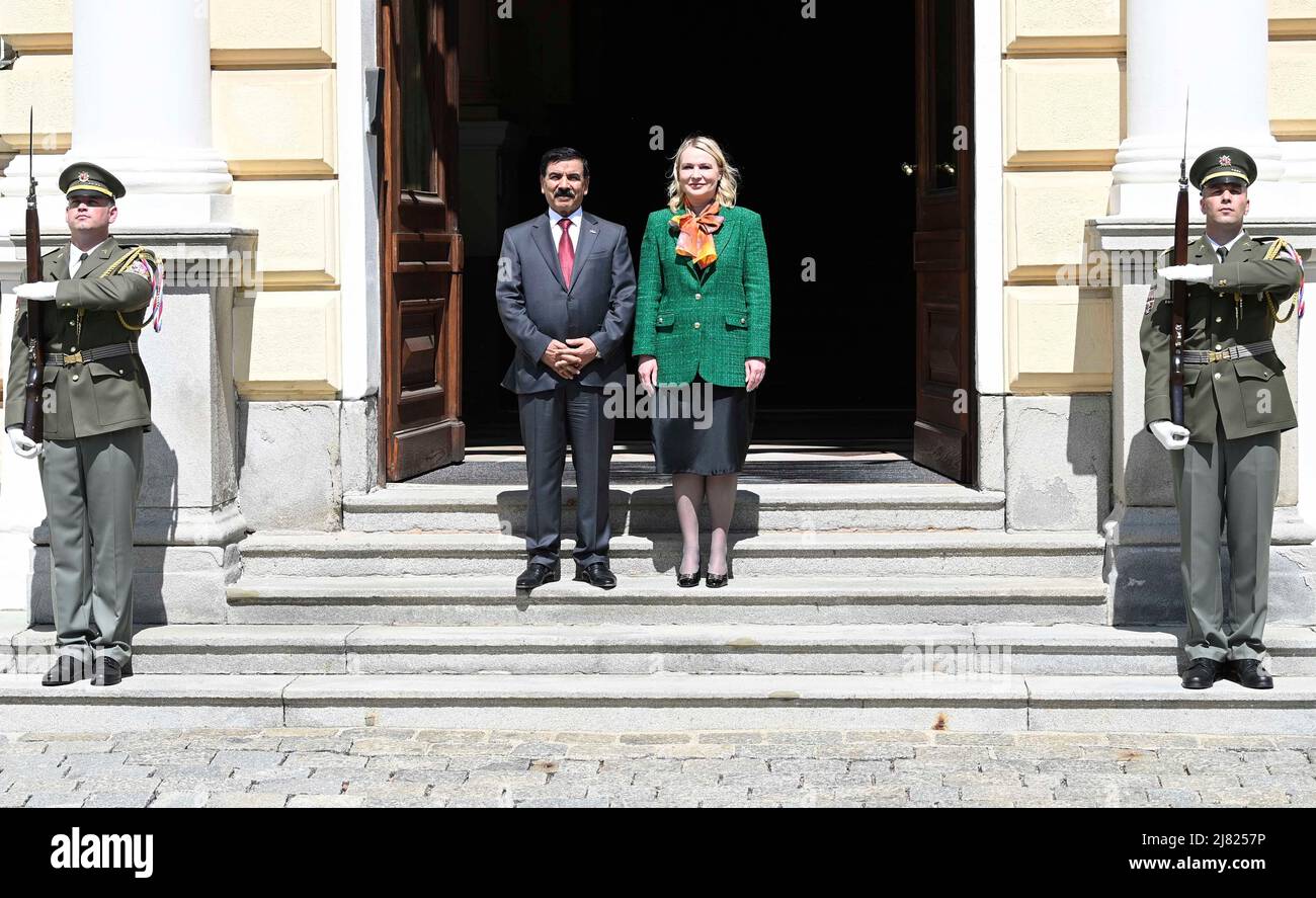 Prague, Czech Republic. 12th May, 2022. Czech Defence Minister Jana Cernochova, right, meets Iraq Defence Minister Juma Inad, left, to discuss regional security, bilateral defence cooperation and cooperation in defence industry, on May 12, 2022, in Prague, Czech Republic. Credit: Michal Krumphanzl/CTK Photo/Alamy Live News Stock Photo