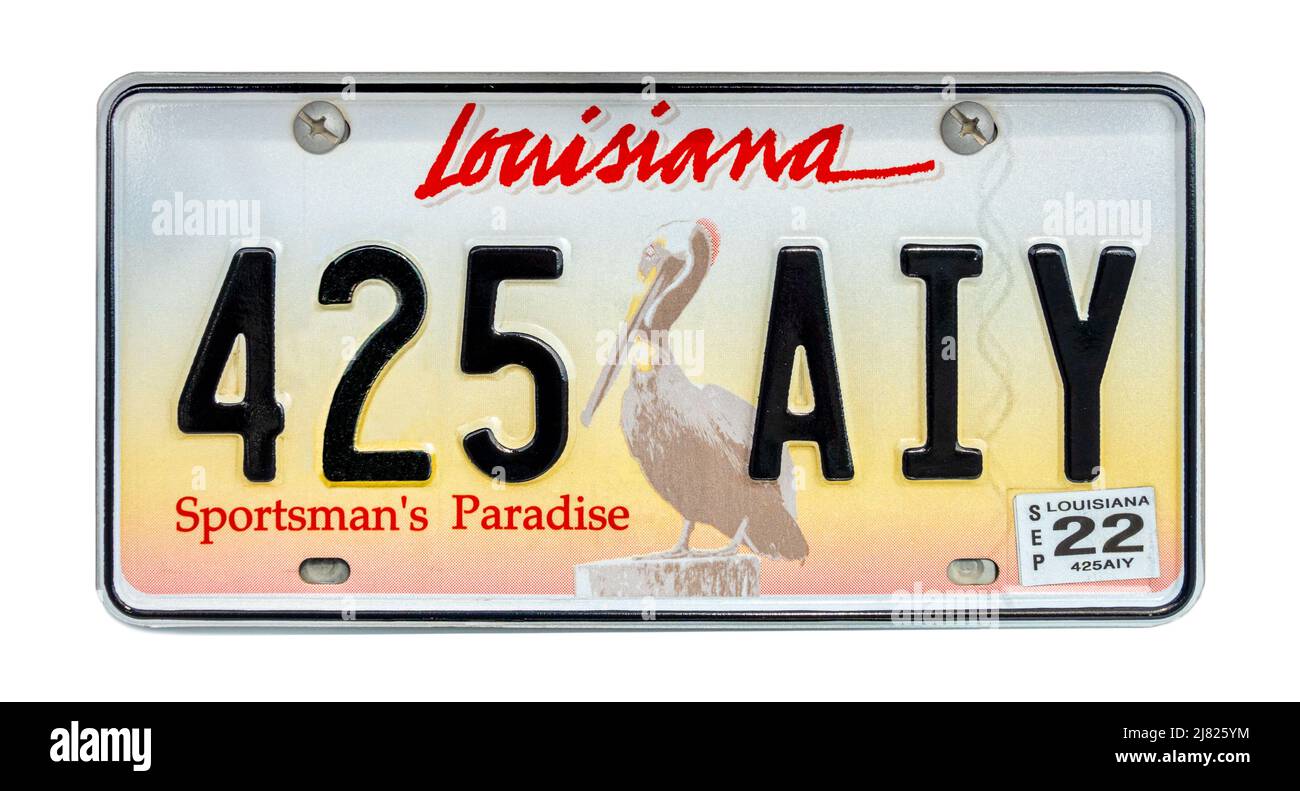 Louisiana license plate; vehicle registration number. Louisiana number plate. Sportsman's Paradise license plate. Louisiana numberplate. US-La. La USA Stock Photo