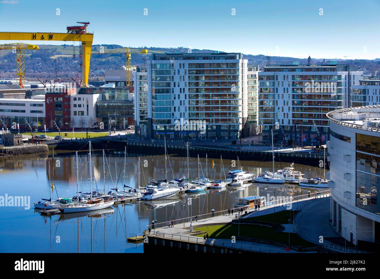 View over Belfast harbour and apartments at Titanic Quarter, Laganside, Northern Ireland Stock Photo