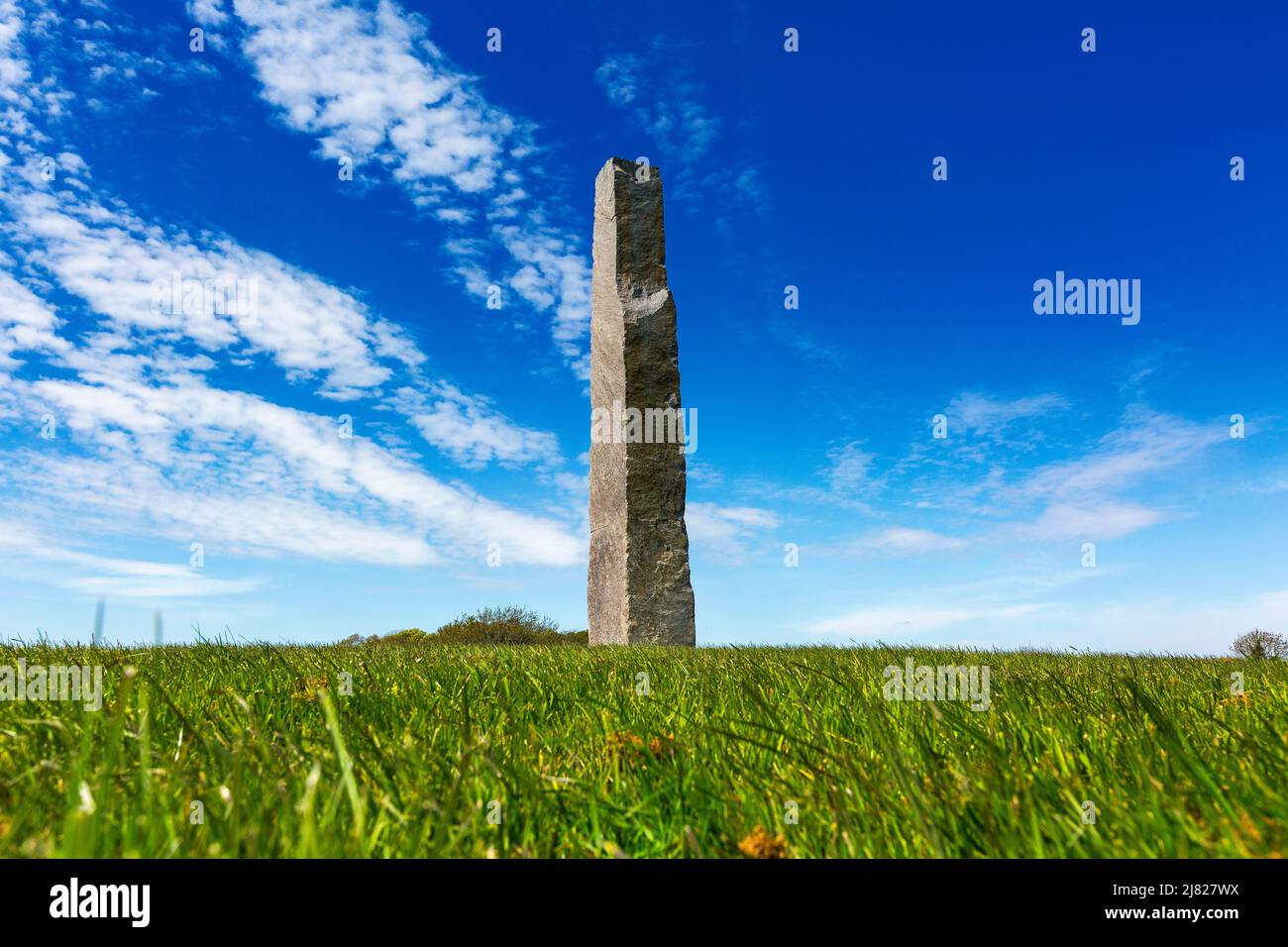 Large Granite monument / standing stone in Delamont Country Park, County Down, Northern Ireland Stock Photo