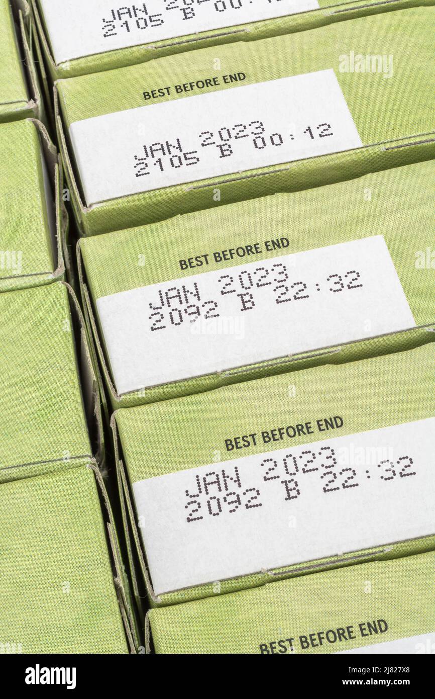 Close shot of food Best Before Date / BBD on cardboard boxes of Tesco 'Summer Fruits' cereal