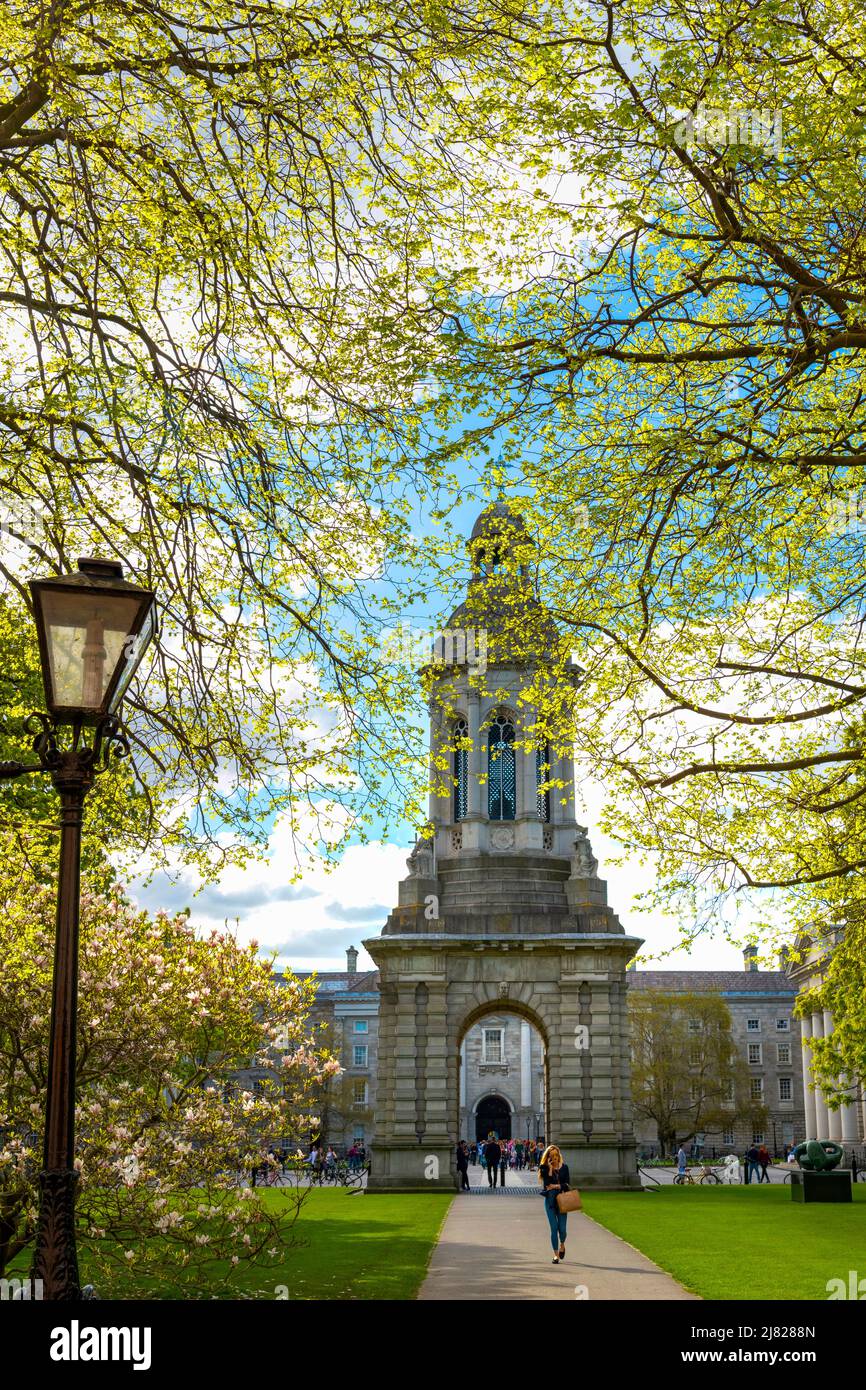 Springtime in Library Square of Trinity College Dublin, Ireland showing ...