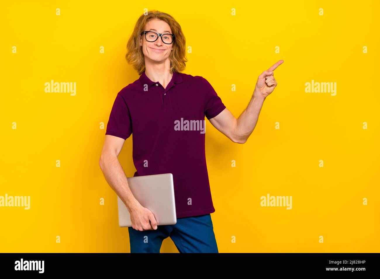 Photo of boss millennial red hairdo guy hold laptop index promo wear
