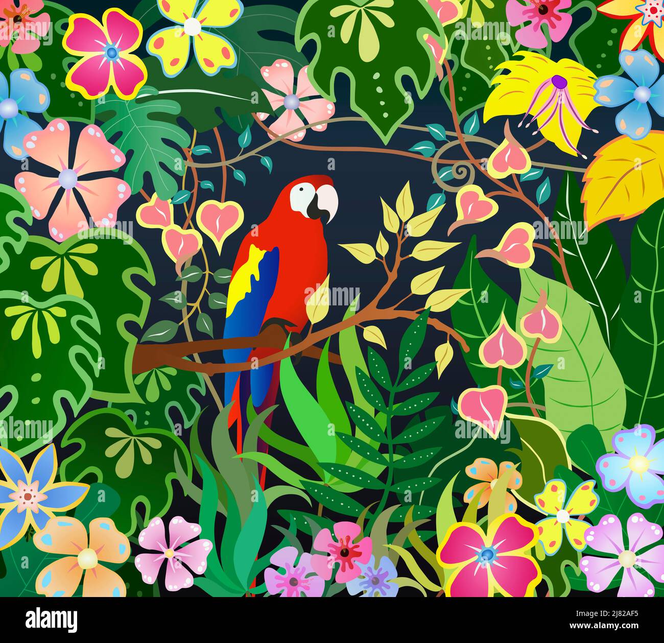 Digital illustration of a brightly-coloured parrot in a jungle setting Stock Photo