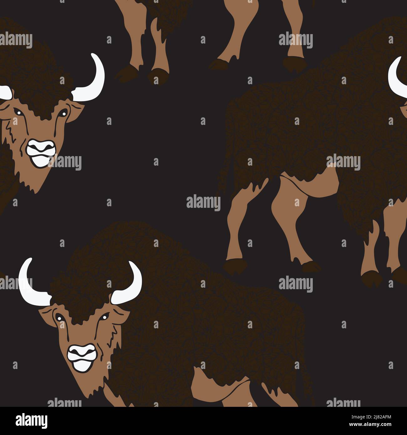 Seamless vector pattern with buffaloes on dark brawn background. Animal bison wallpaper design. Powerful angry Taurus repeat art. Stock Vector