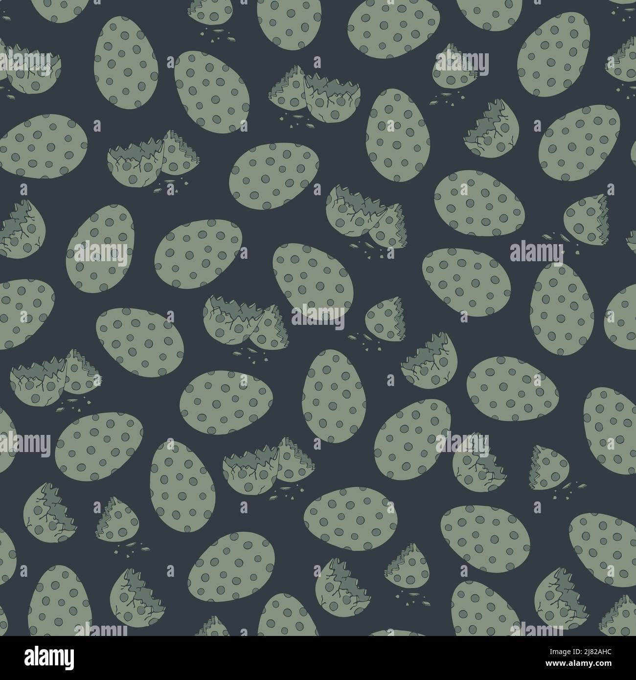 Seamless vector pattern with spotted eggs on dark blue background.  Fantasy wallpaper design with eggshells. Decoration fashion textile. Stock Vector
