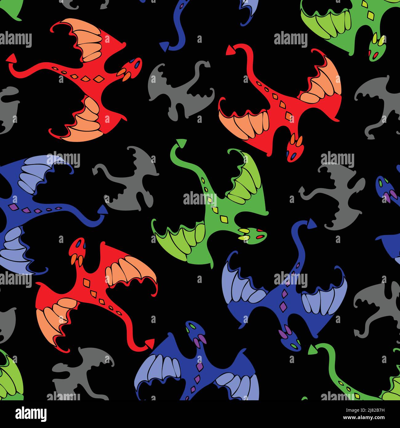 Seamless vector pattern with dragons on black background. Cute hand ...