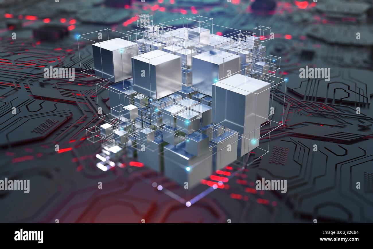 Cyberspace of digital technologies. Hypercube and blockchain concept. Spatial portal of encoded data. 3D illustration of a cubic array nanotech Stock Photo
