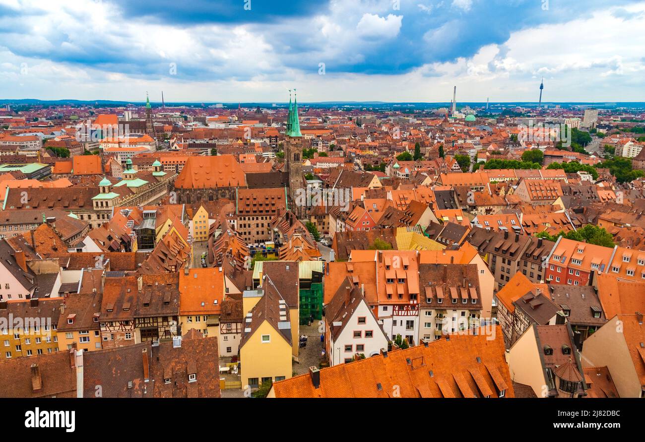 Aerial view of the historic city centre of Nürnberg, with the city hall and the St. Sebaldus Church (Sebalduskirche), and from afar the medieval... Stock Photo
