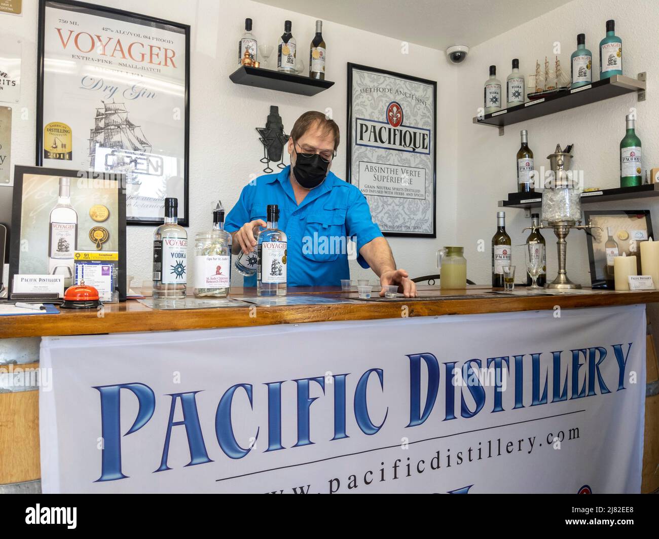 Woodinville, WA USA - circa August 2021: View of an adult man giving a gin tasting at Pacific Distillery. Stock Photo