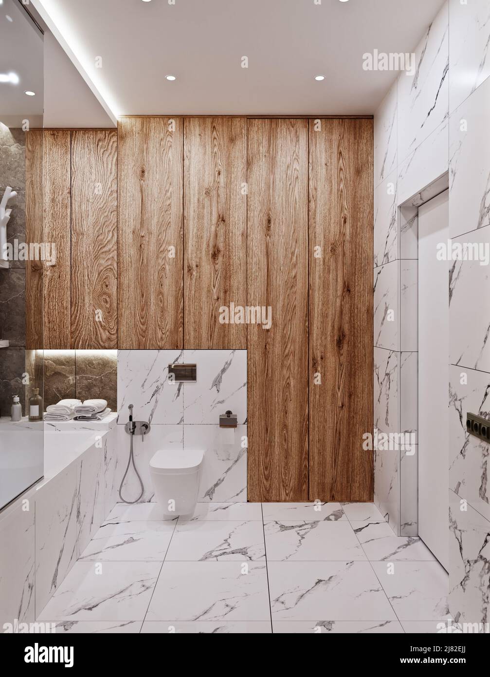 modern bathroom design with tiles marble and wood Stock Photo - Alamy