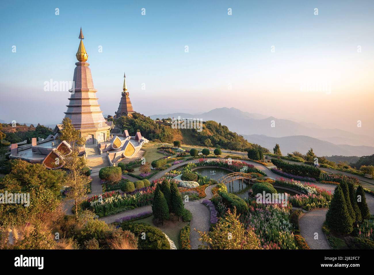 Doi Inthanon twin pagodas at Inthanon mountain near Chiang Mai, Thailand. Stock Photo