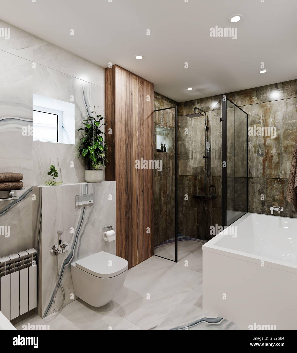 3D interior design of a modern bathroom with marble and wood Stock ...