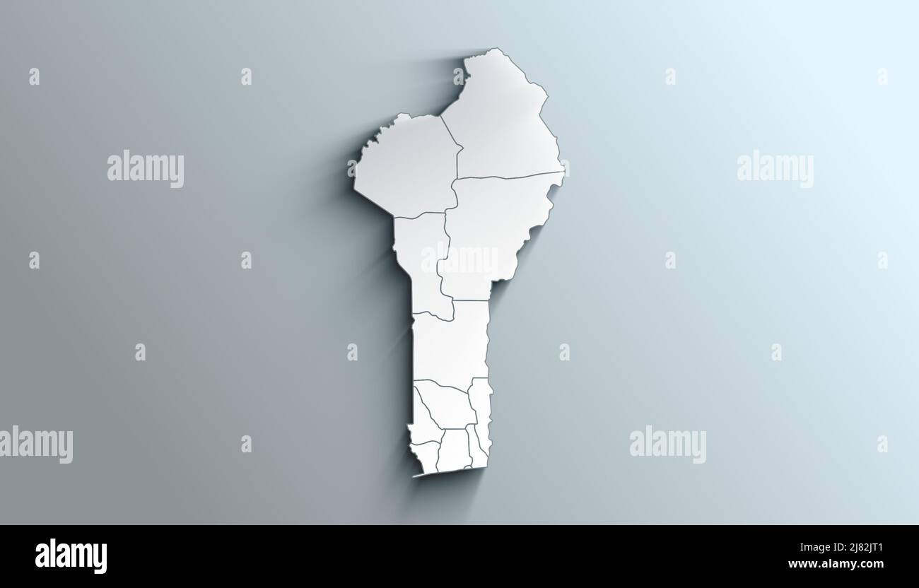 Country Political Geographical Map of Benin with Departments with Shadows Stock Photo