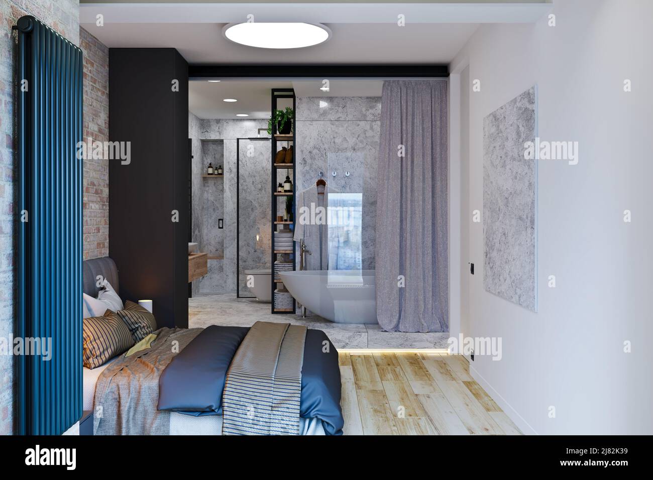 3D interior of a bedroom with an open bathroom in loft style Stock ...