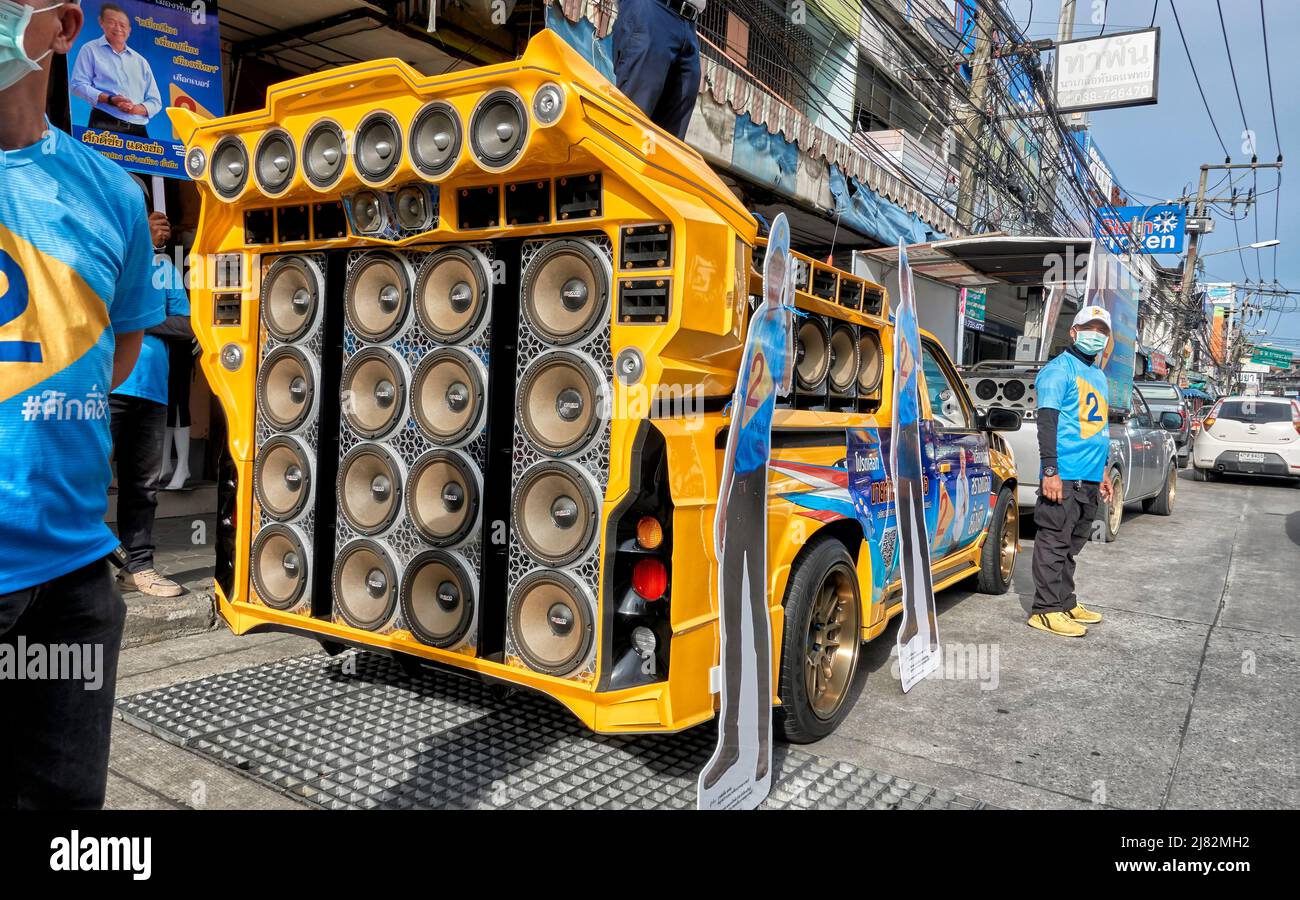 Loudspeakers. Bank of loudspeakers on a modified vehicle for canvassing by candidate for local Government election . Thailand Southeast Asia Stock Photo