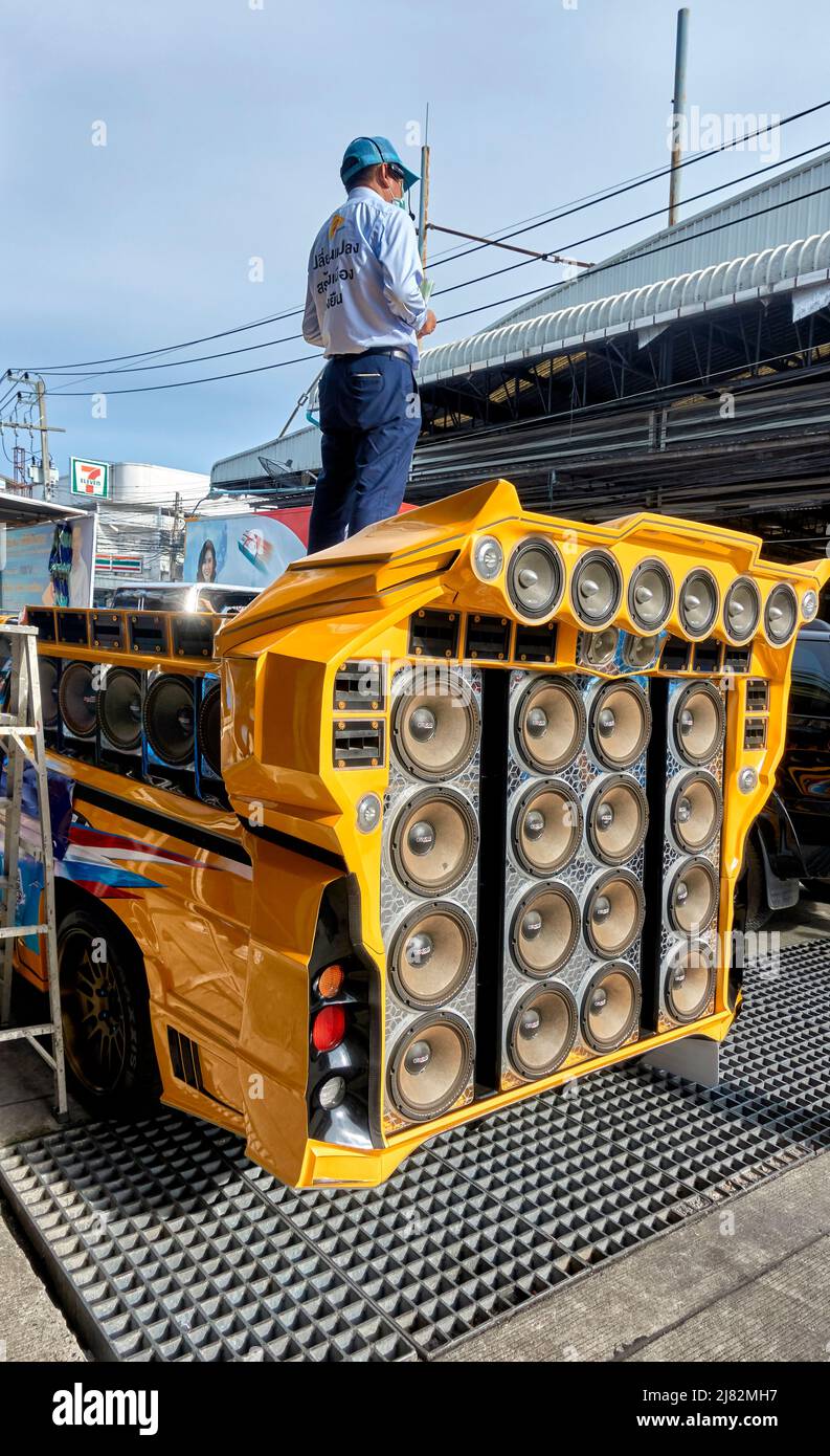 Loudspeakers. Bank of loudspeakers on a modified vehicle for canvassing by candidate for local Government election . Thailand Southeast Asia Stock Photo