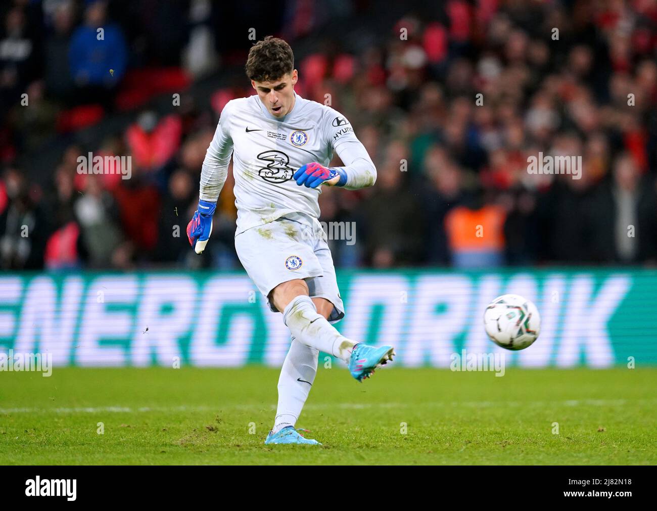 File photo dated 27-02-2022 of Chelsea goalkeeper Kepa Arrizabalaga missing the decisive penalty during the Carabao Cup final at Wembley. 11-10 was the score on penalties as Liverpool won February's Carabao Cup final after Kepa Arrizabalaga's nightmare. Issue date: Thursday May 12, 2022. Stock Photo