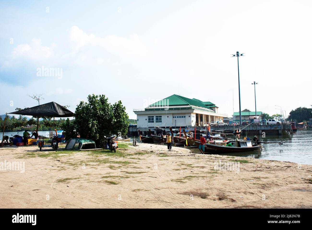 View landscape seascape and local thai fisher people floating stop boat