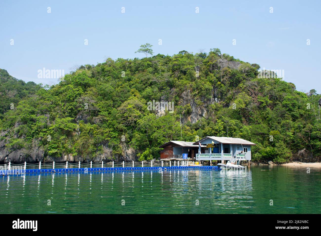 Security extraction point Ko Khao Yai and plastic pontoons pier in sea ocean of Mu Ko Petra National Park for check and service thai travelers people Stock Photo