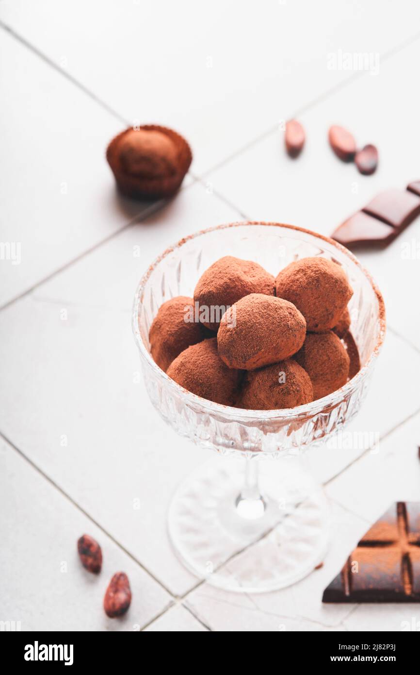 Chocolate truffles. Homemade chocolate truffles with cocoa powder on