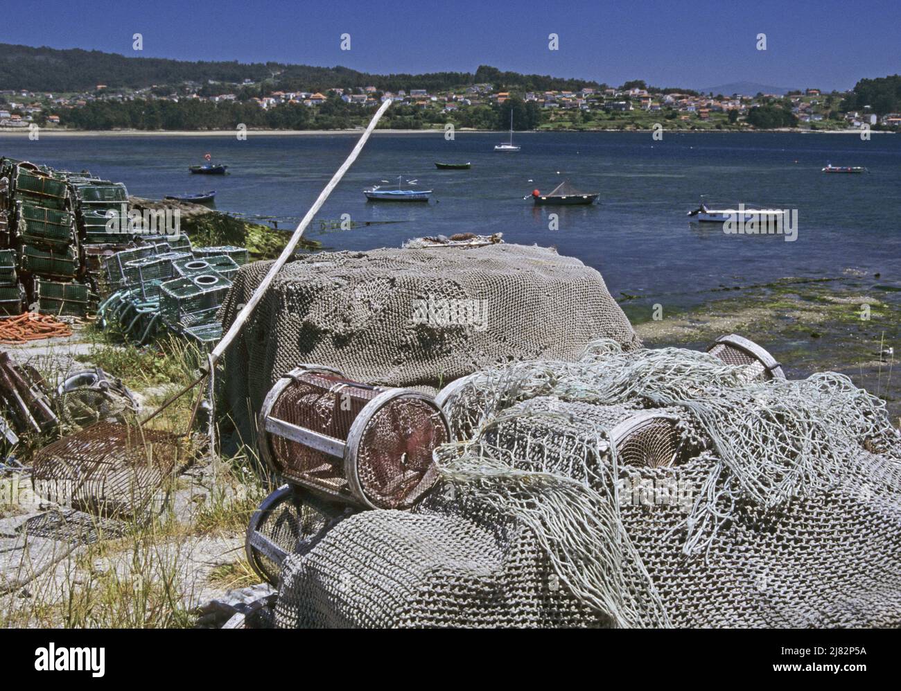 fishing nets and traps in Combarro a village along the Rias Baixas coast, Ria de Pontevedra, Galicia, Spain Stock Photo