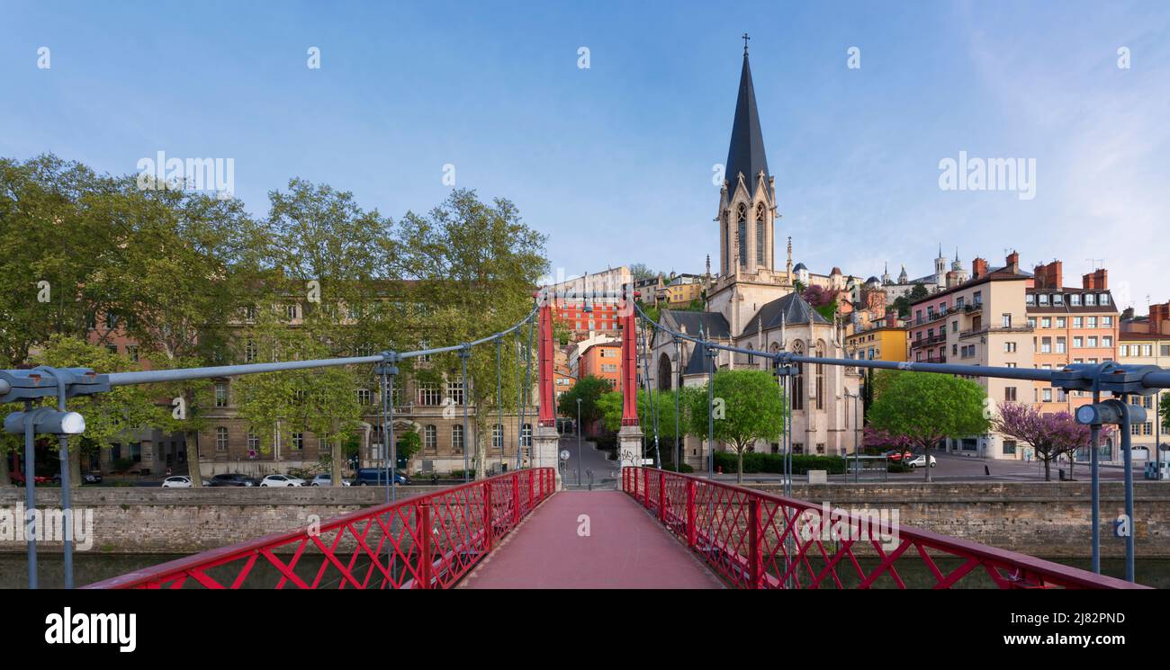 Famous view of red footbridge in Lyon, France Stock Photo