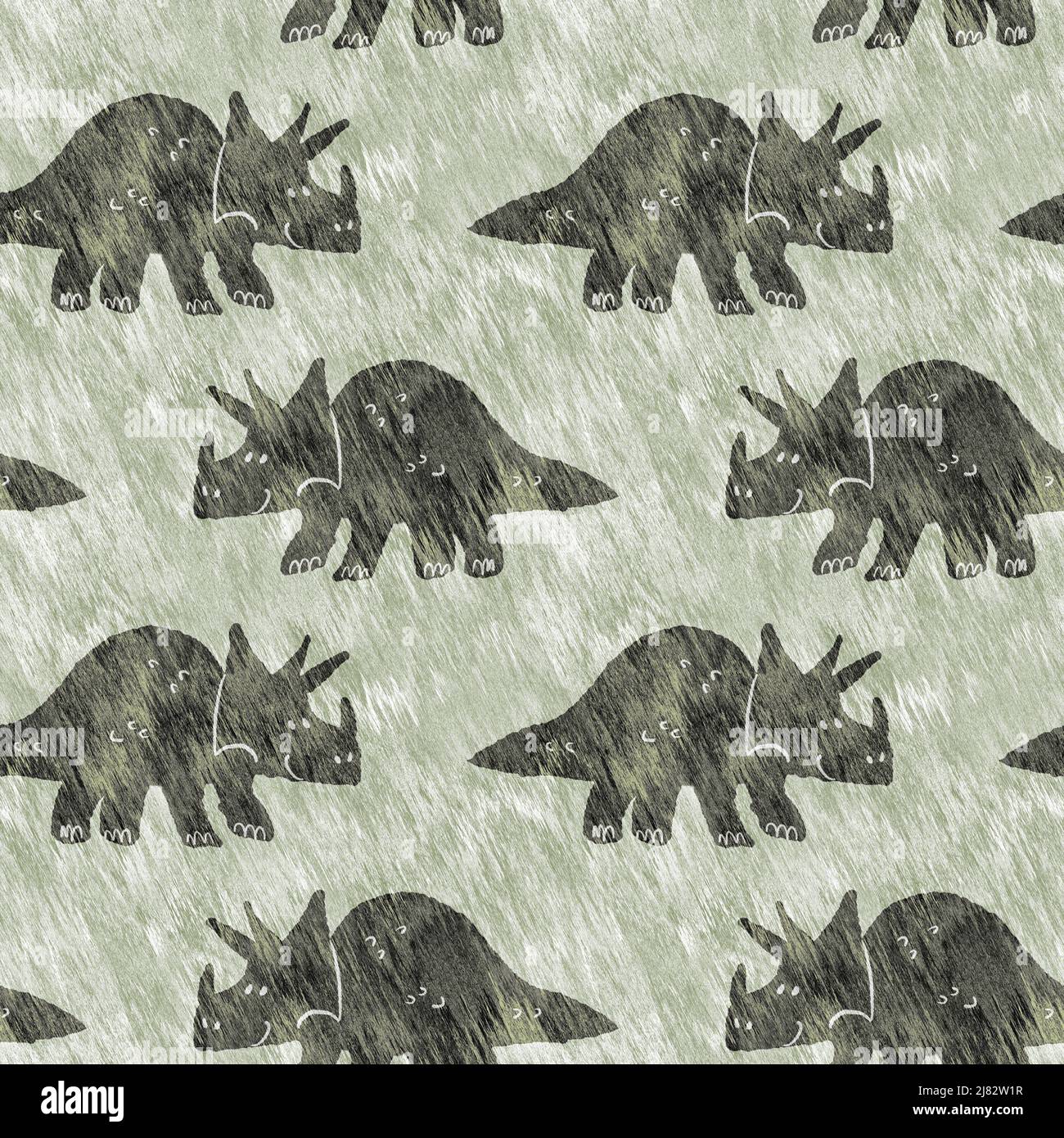 Green hand drawn triceratops dinosaur seamless pattern. Gender Neutral ...