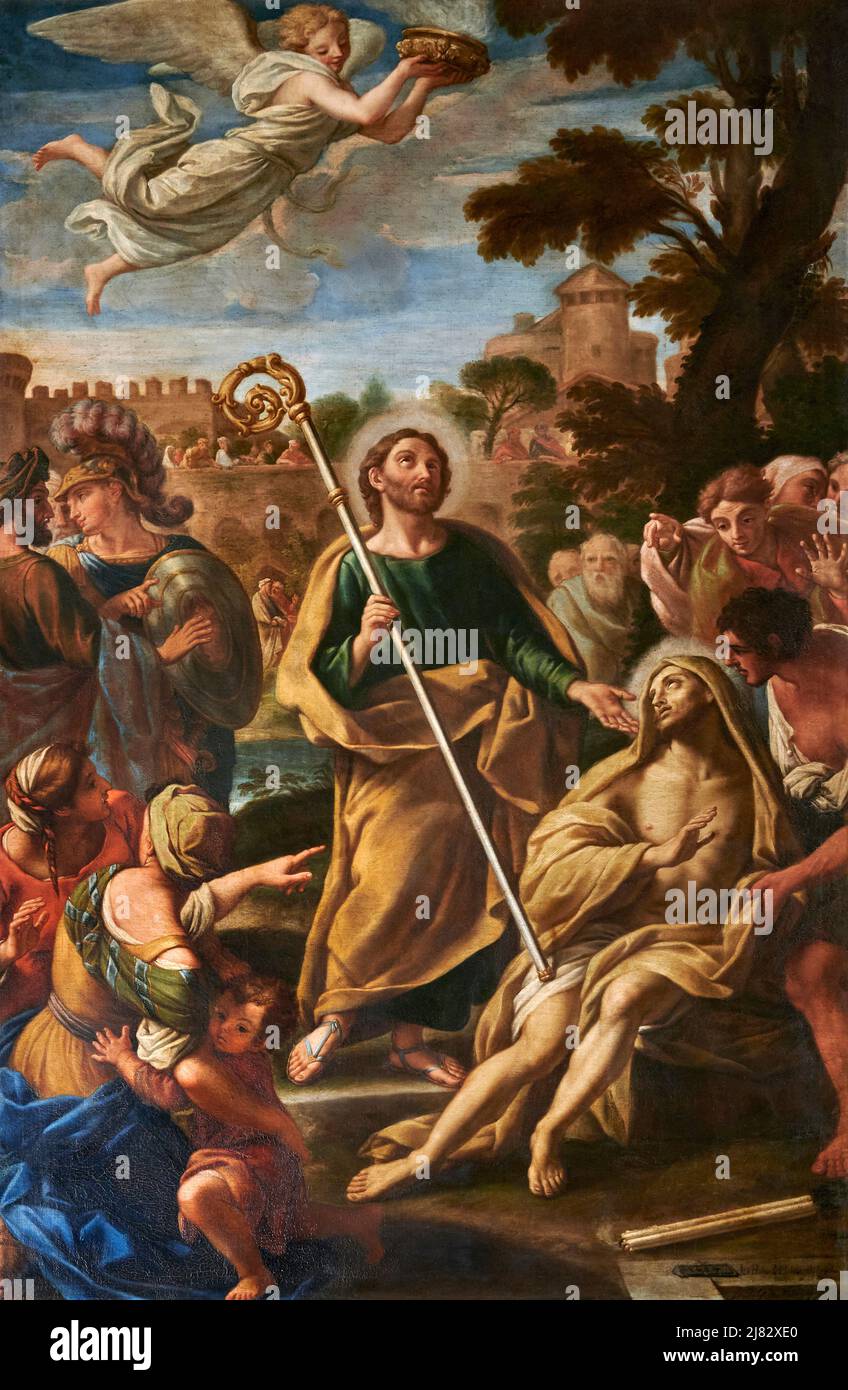 San Marziale resuscita l’amico Austricliniano - olio su tela - Giovanni Paolo Melchiorri  - 1694 - Colle Val d’Elsa (Si),italia, cattedrale di S.Alber Stock Photo