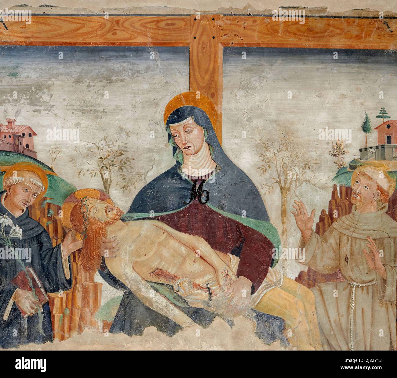 Pietà con S. Bernardino e S. Francesco d’Assisi   - affresco - XV secolo  - Colle Val d’Elsa (Si), Italia, chiesa di S.Agostino Stock Photo