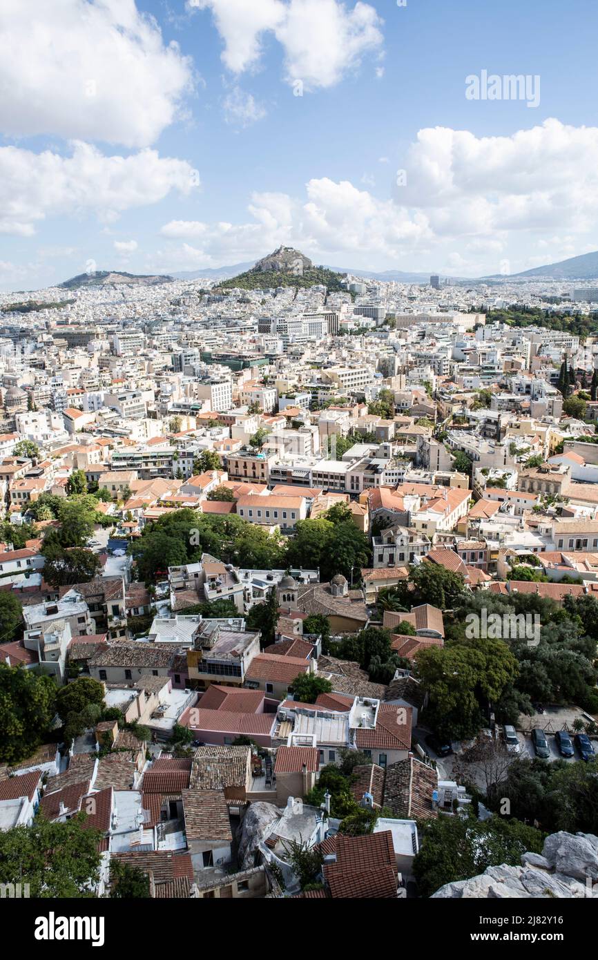 Athens-Greece, September 13, 2015 cityscape of athens taken from the acropolis buildings and distance mountains Stock Photo