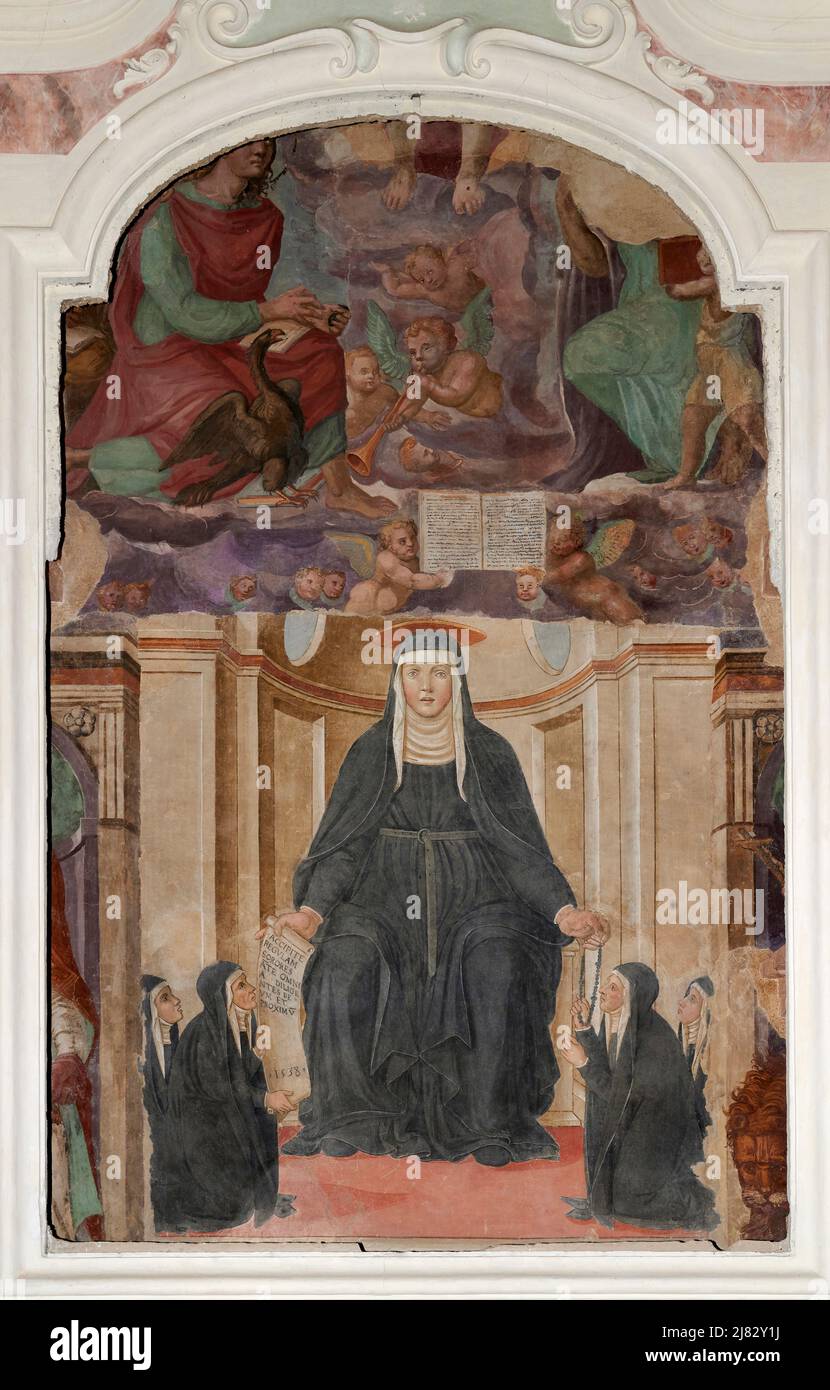 S. Monica che da la regola  - affresco  - Giovanni Maria Tolosani - 1538 - Colle Val d’Elsa (Si), Italia,chiesa di S.Agostino Stock Photo