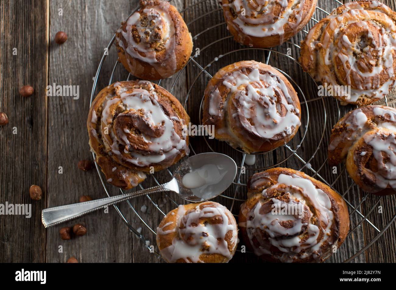 Cinnamon rolls on wooden table background Stock Photo